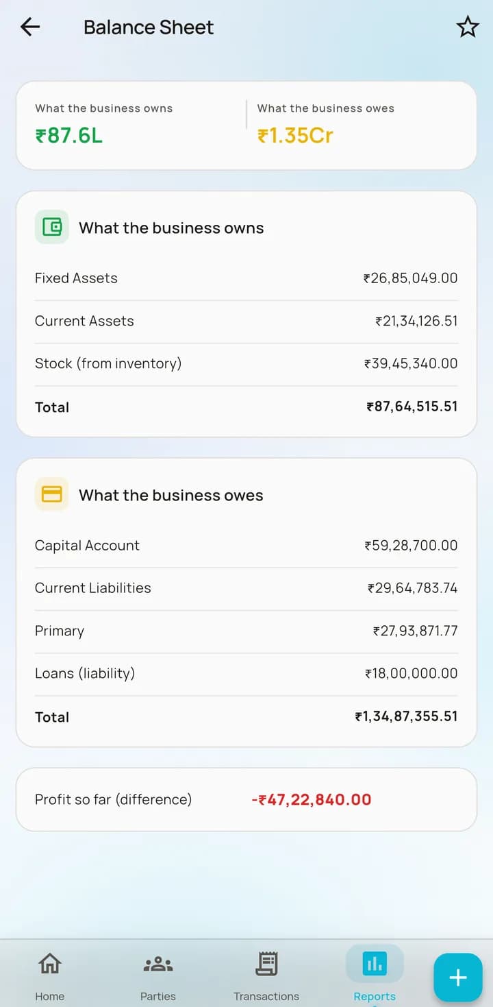 AccBrain balance sheet showing what the business owns and what it owes.