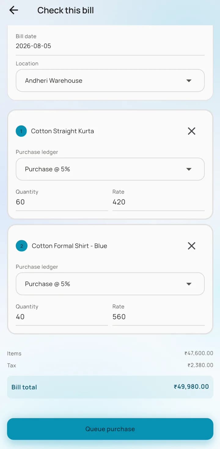 A scanned supplier bill in AccBrain ready to send, with the storage location, a purchase ledger on each item, and the bill total of 49,980 rupees.