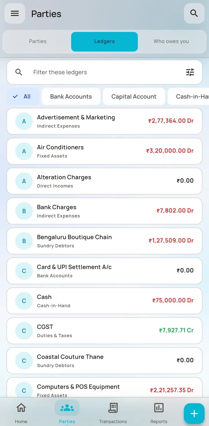 AccBrain ledger list showing every ledger account with its balance.