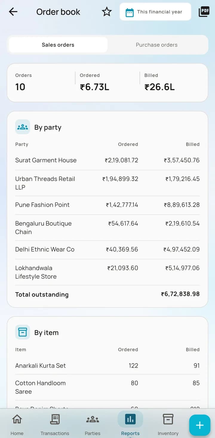 AccBrain order book showing orders taken against what has been billed, broken down by party and by item.