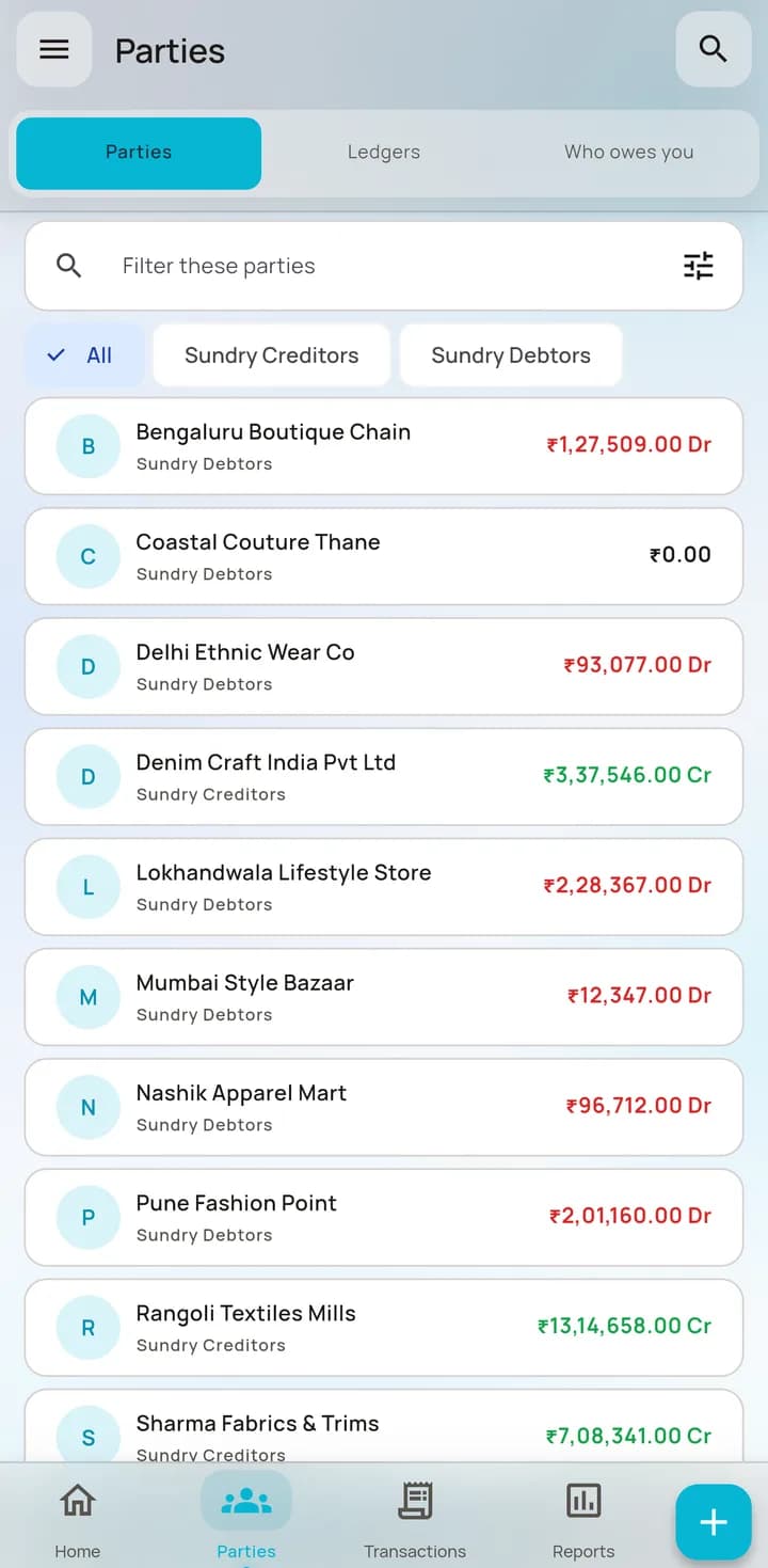 AccBrain parties list showing customers and suppliers with their current outstanding balances.