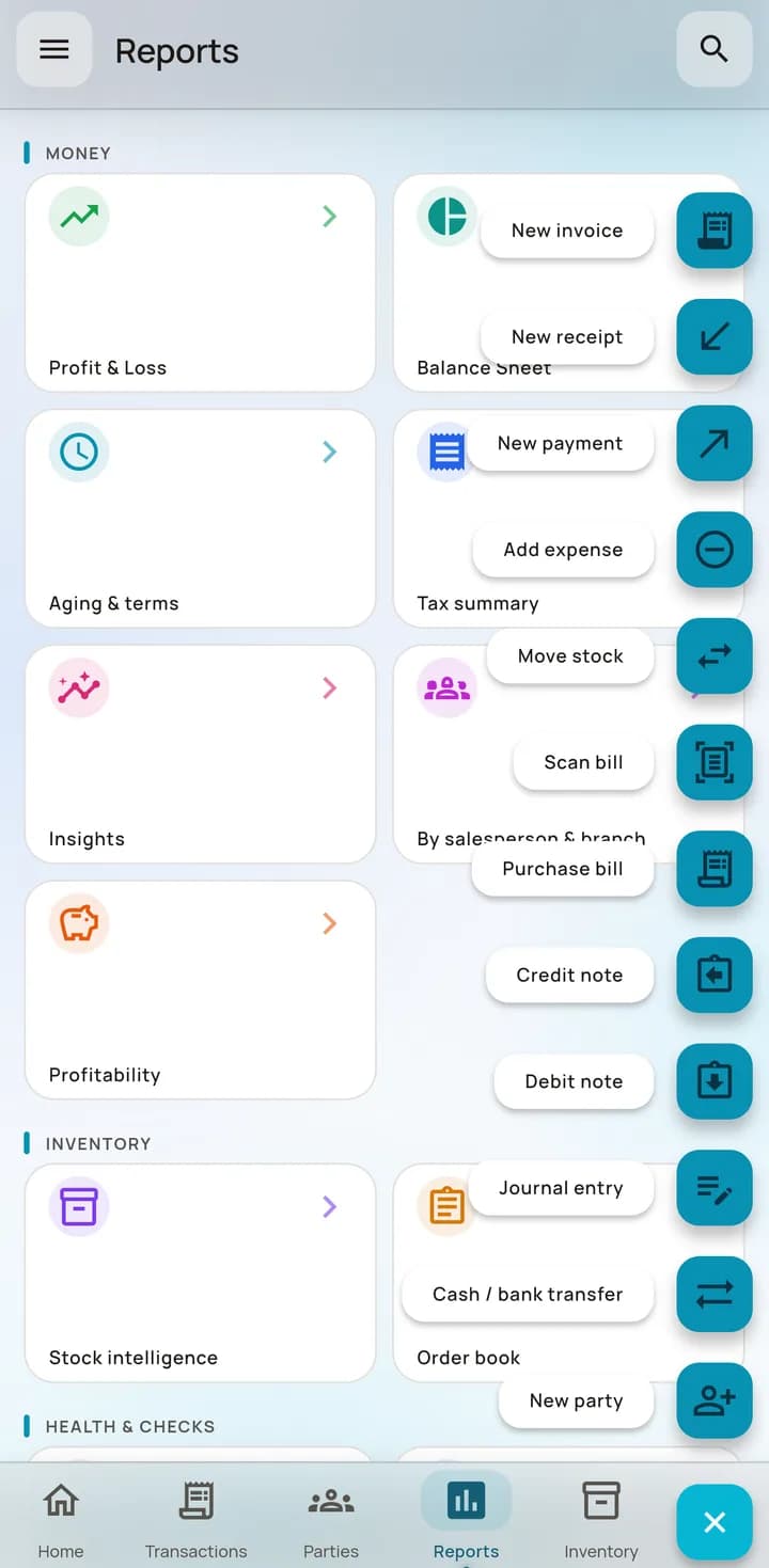 The AccBrain quick-add button opened, showing every entry the app can raise — invoice, receipt, payment, expense, purchase bill, credit note, debit note, journal, contra, stock transfer and a new party.