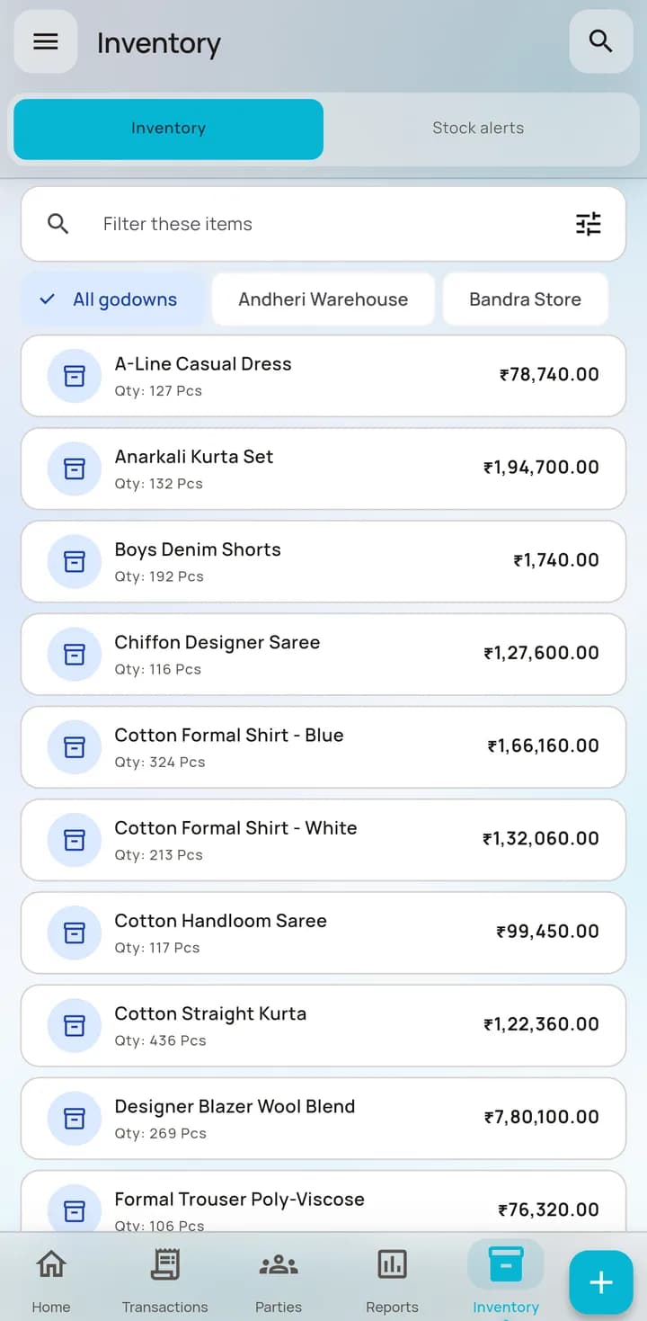 AccBrain stock screen listing items with closing quantity and value, and a storage-location filter.
