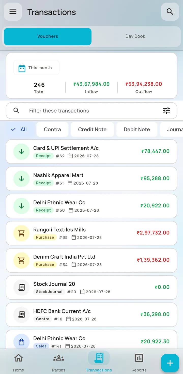 AccBrain transactions screen with voucher-type filter chips and a scrolling list of recent vouchers.