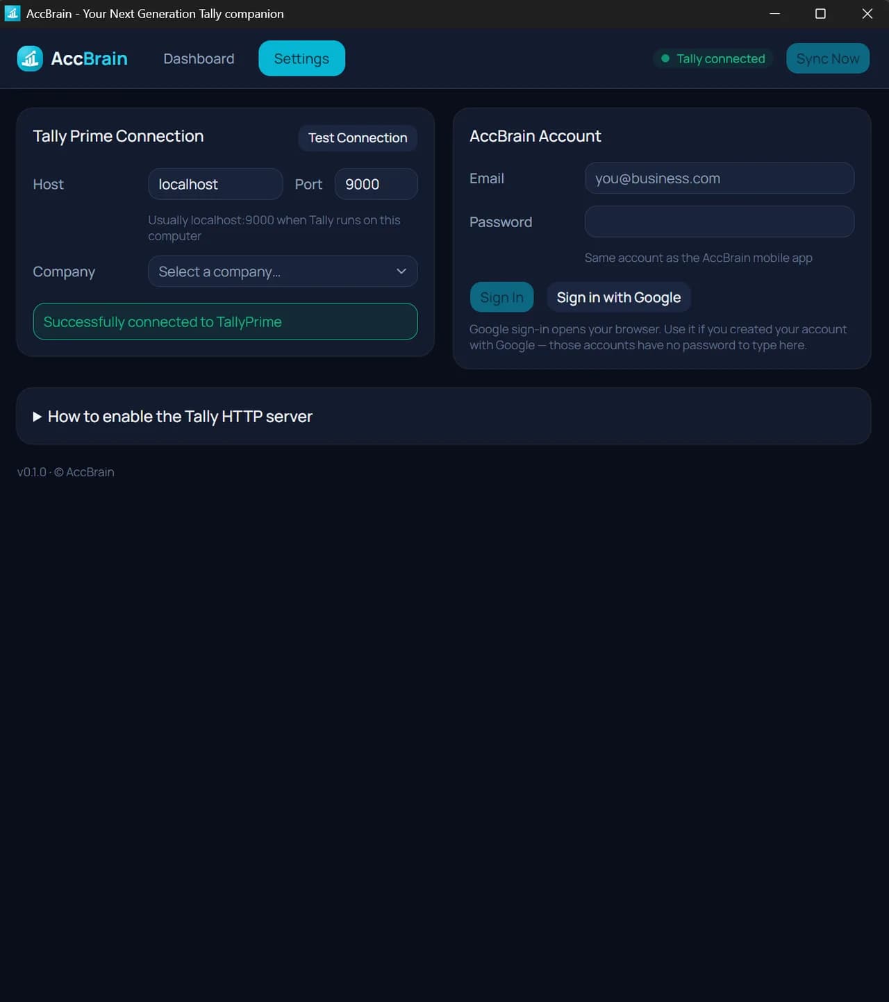 The AccBrain desktop Settings page: the Tally Prime Connection card reads Successfully connected to TallyPrime with Host localhost and Port 9000, and the AccBrain Account card shows email and password fields with Sign In and Sign in with Google buttons.