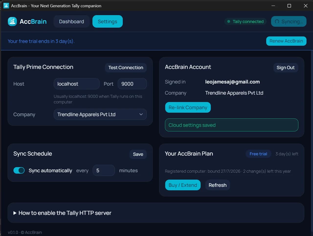 The AccBrain desktop Settings page with the company Trendline Apparels Pvt Ltd selected and linked, a Re-link Company button, Sync Schedule set to sync automatically every 5 minutes, and a Free trial plan card showing 3 days left.