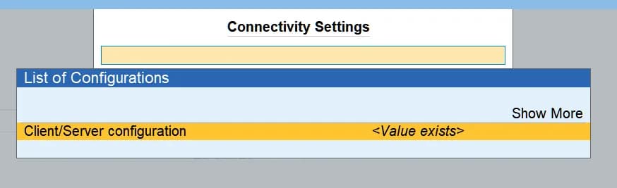 The Connectivity Settings screen listing configurations, with Client/Server configuration highlighted.