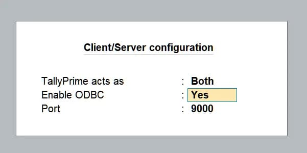 The Client/Server configuration screen with TallyPrime acts as set to Both, Enable ODBC set to Yes and Port set to 9000.