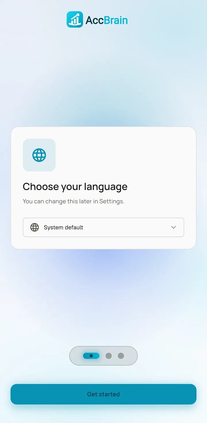 The AccBrain language screen, headed “Choose your language”, with a language dropdown set to System default.