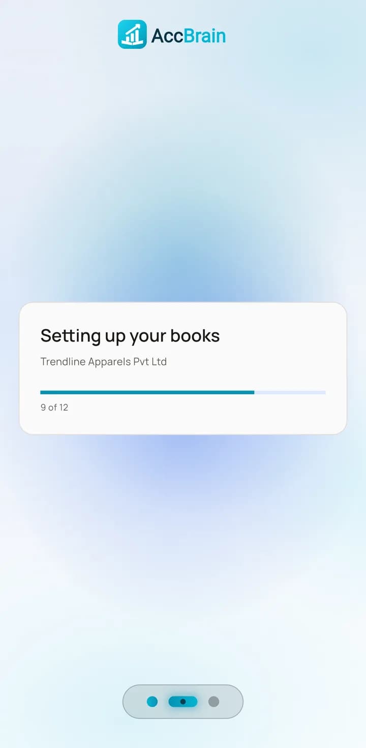 The setup screen, headed “Setting up your books”, showing the company name above a progress bar and a step counter.
