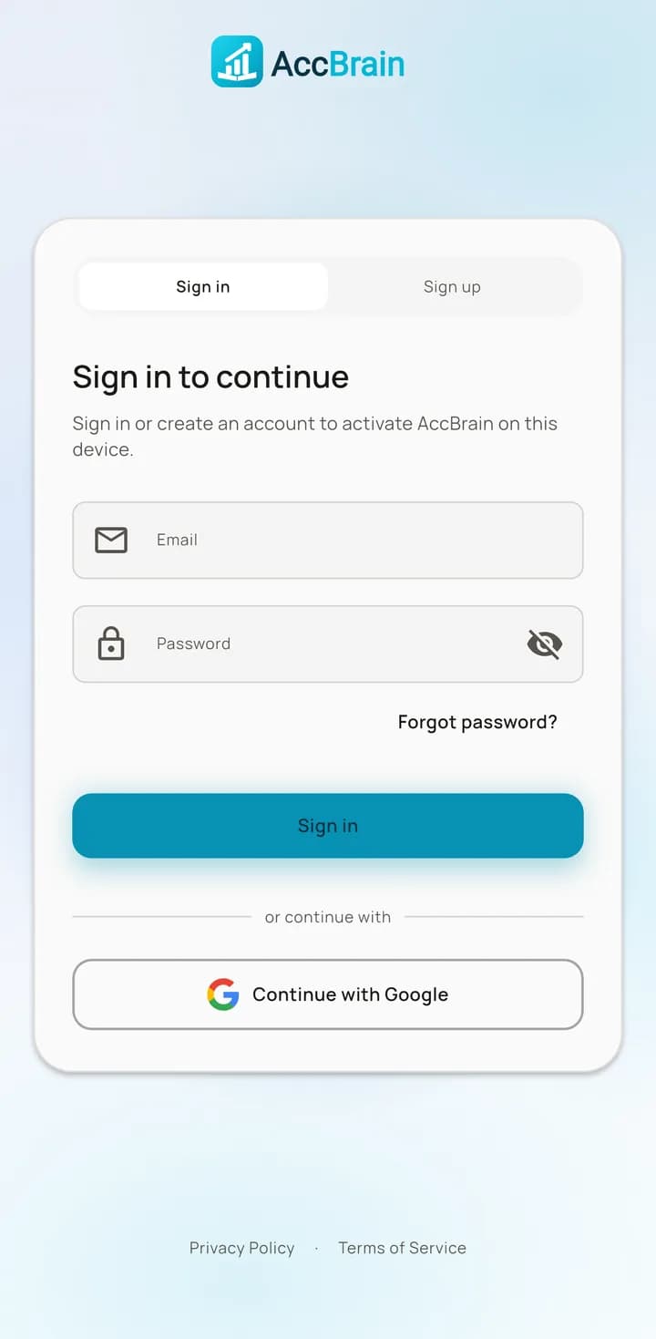 The AccBrain sign-in screen, headed “Sign in to continue”, with a Sign in / Sign up toggle, email and password fields and a Continue with Google button.