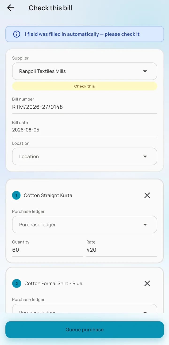 A supplier's bill being photographed in AccBrain, checked on the phone and sent to the books as a purchase voucher.
