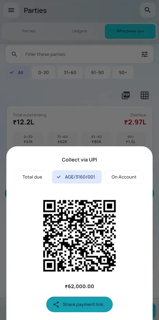 Choosing one open bill in AccBrain and the UPI QR code redrawing for that bill's amount and reference.