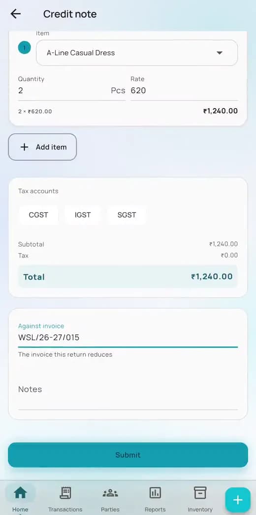 A credit note being raised in AccBrain on a phone and posted into the books as an ordinary voucher.